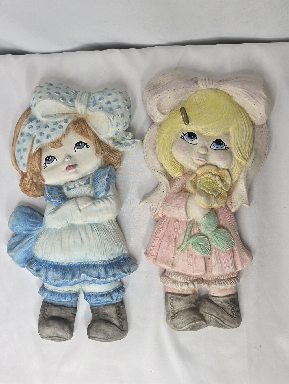 Vintage Ceramic Wall Plaques Set 2 Big Eyes Girls Retro Kitsch Nursery Decor